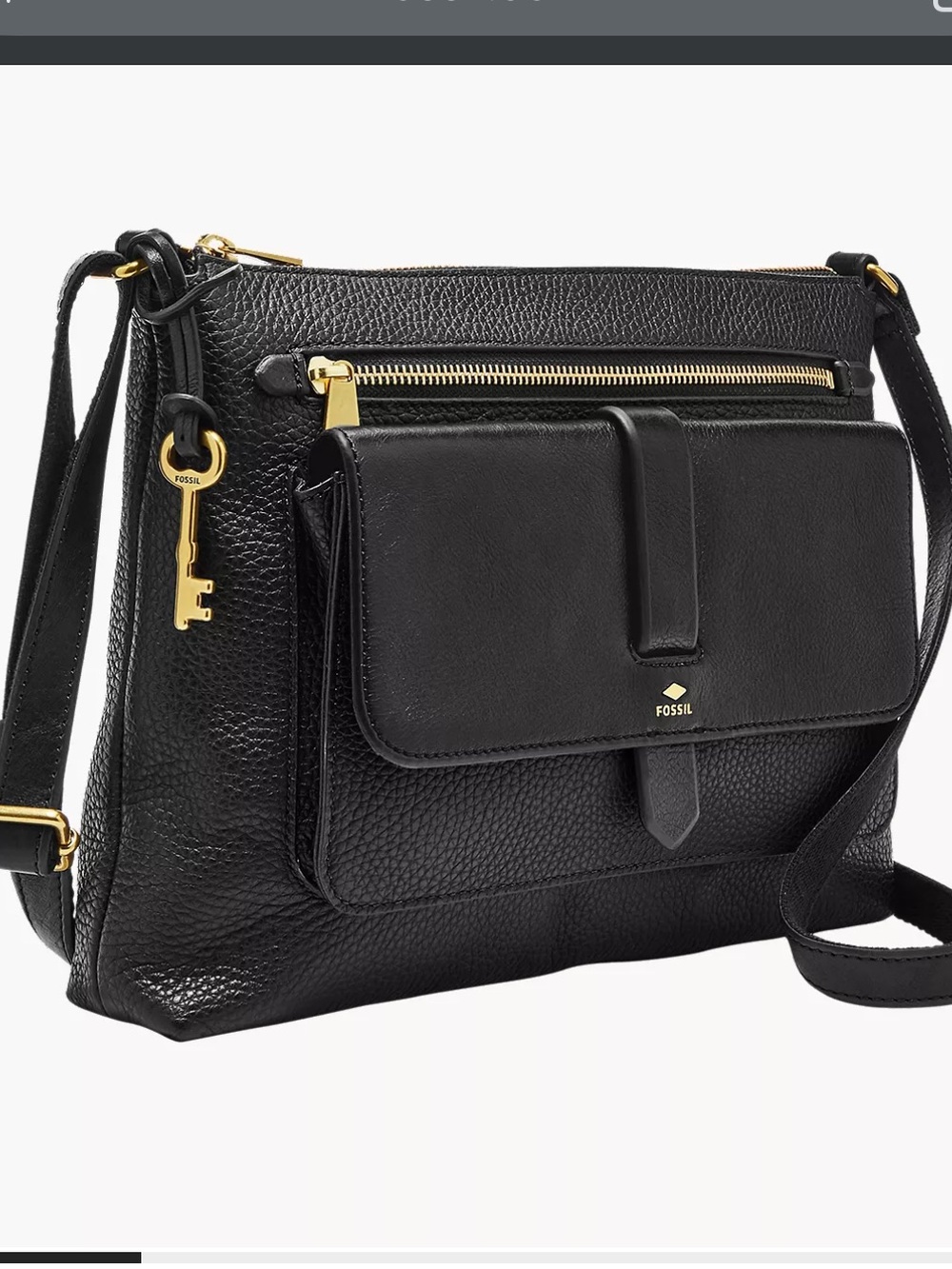 Fossil Kinley black pebbled leather crossbody bag multi pockets